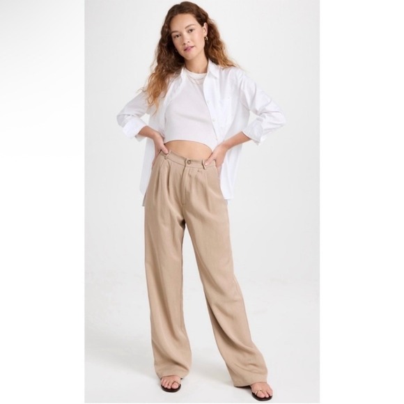 Reformation Mason Khaki Trousers High Waist Pleated Wide Leg Career Pants Size 0 - Picture 2 of 12